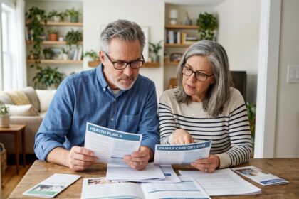 Couple discutant de contrats d'assurance santé à la maison