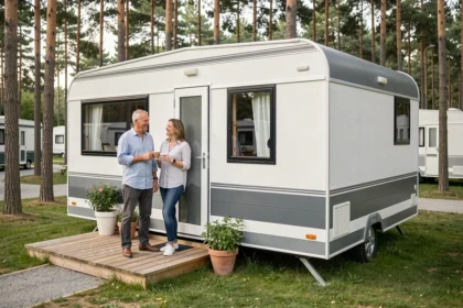 Couple devant un mobil-home moderne blanc et gris dans un camping entouré de pins, illustrant les marques de mobil-homes fiables