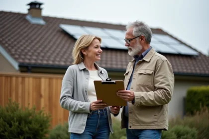 Couple regardant des documents près de leur maison solaire