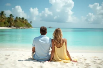 Couple français assis sur une plage de sable blanc des Caraïbes contemplant un lagon turquoise, illustrant l'attrait du Paradis blanc pour les vacanciers français