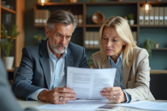 Couple d'âge moyen examinant des documents immobiliers