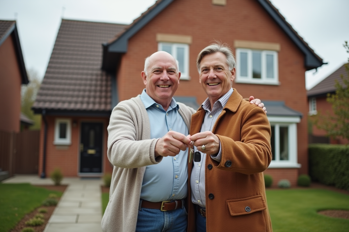 Couple souriant devant leur nouvelle maison dans un quartier résidentiel