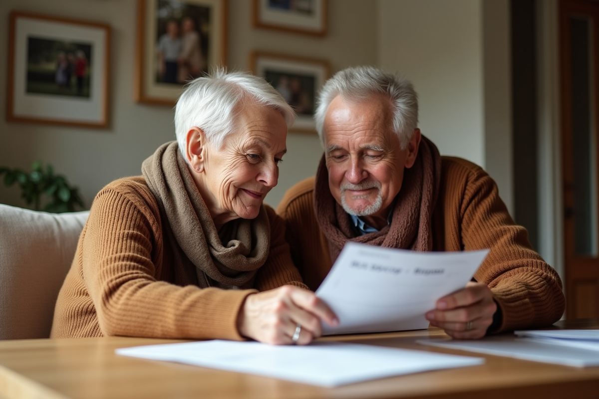 Couple retraité consulte des papiers de prêt immobilier à la maison