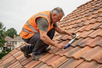 Couvreur mesurant l'inclinaison d'un toit en tuiles avec un inclinomètre numérique