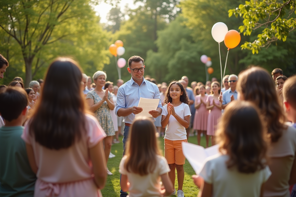 Cérémonie en plein air avec familles et enfants applaudissant