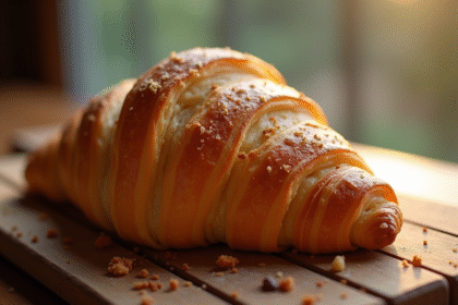 Croissant au beurre doré sur planche en bois