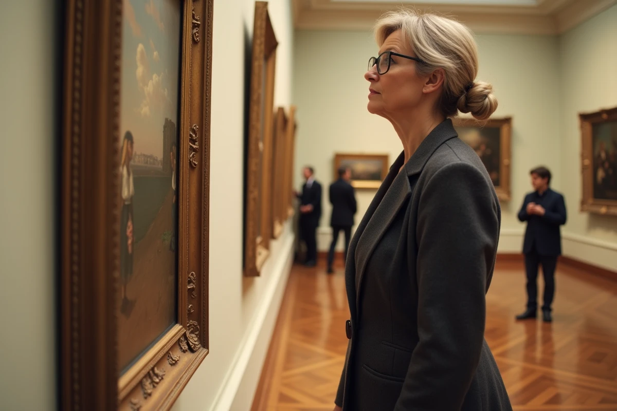 Curatrice examinant une peinture post-impressionniste dans une galerie d'art du début du XXe siècle