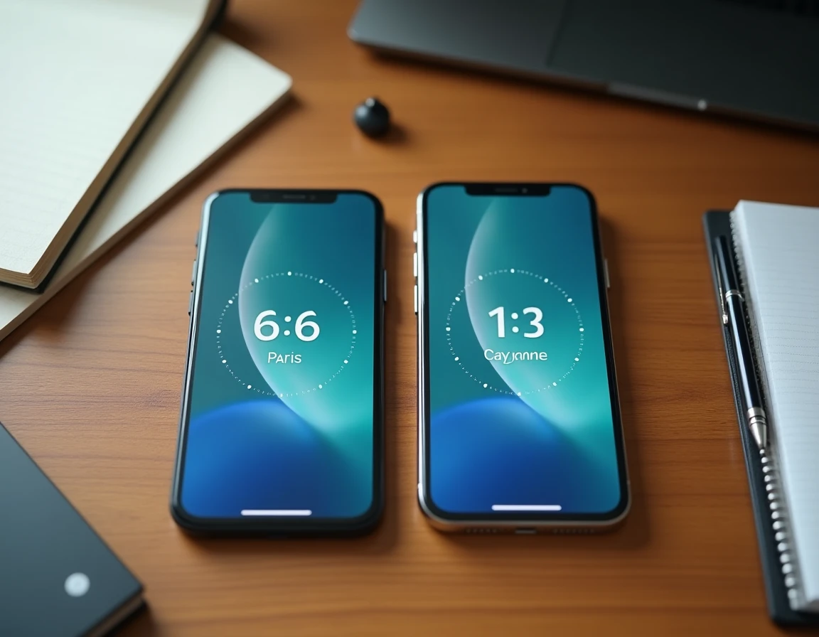 Deux smartphones affichant les fuseaux horaires de Paris et de Cayenne en Guyane française côte à côte