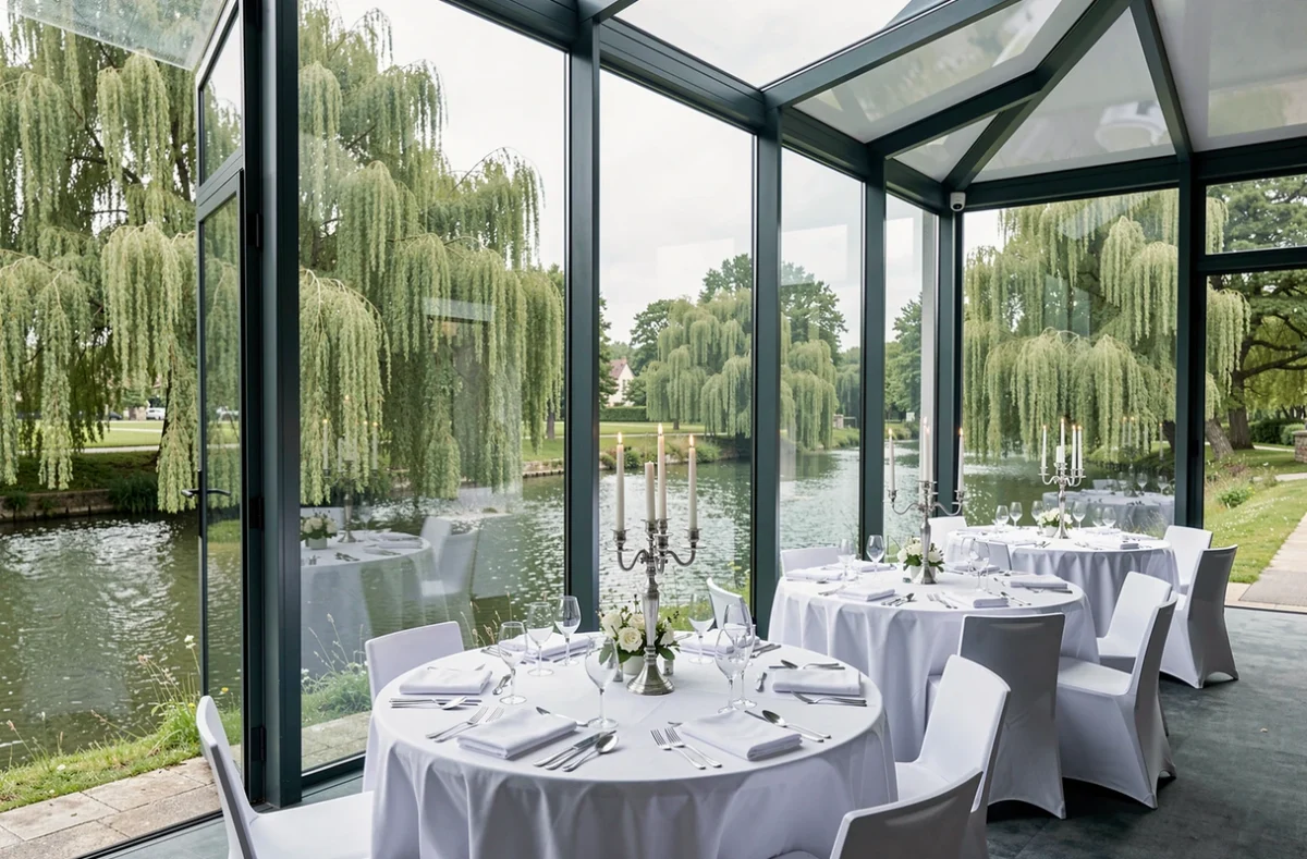 Salle de réception vitrée du Domaine du Fil de l'Eau avec vue panoramique sur la rivière et saules pleureurs