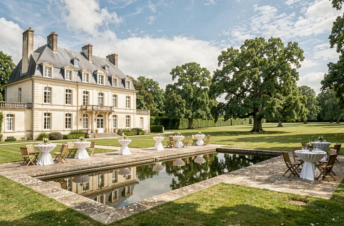 Manoir du Domaine de Revelon avec terrasse en pierre, tables de cocktail dressées et parc arboré avec pièce d'eau