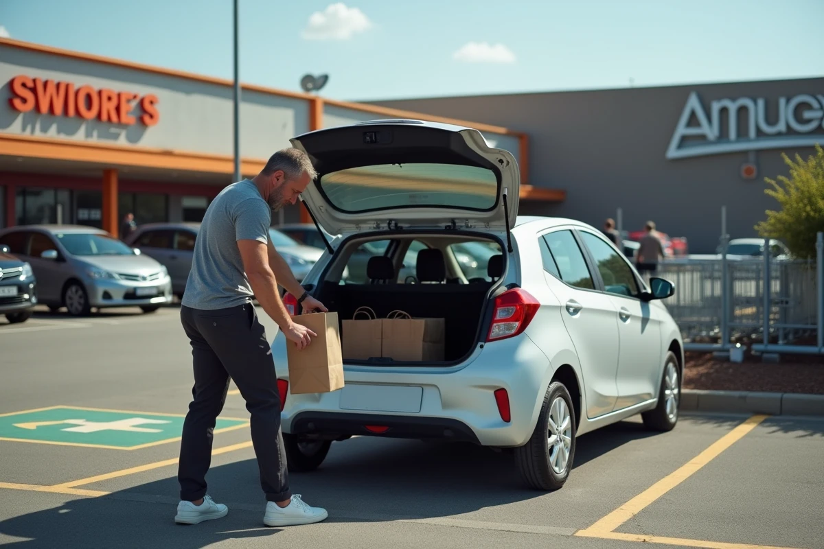 Homme chargeant ses courses dans sa voiture au drive d'un supermarché ouvert le dimanche