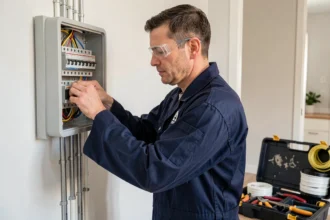 Électricien professionnel dans l'Hérault intervenant sur un tableau électrique dans une maison moderne