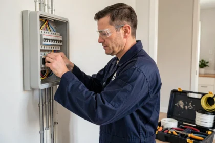 Électricien professionnel dans l'Hérault intervenant sur un tableau électrique dans une maison moderne