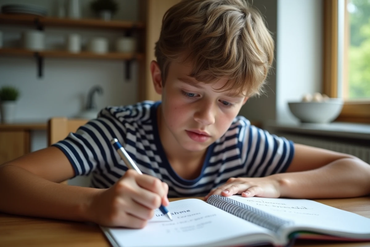 Adolescent concentré travaillant sur un exercice de français à la maison