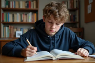 Adolescent lisant un livre de mythologie grecque à son bureau pour préparer un devoir sur le mythe de Prométhée