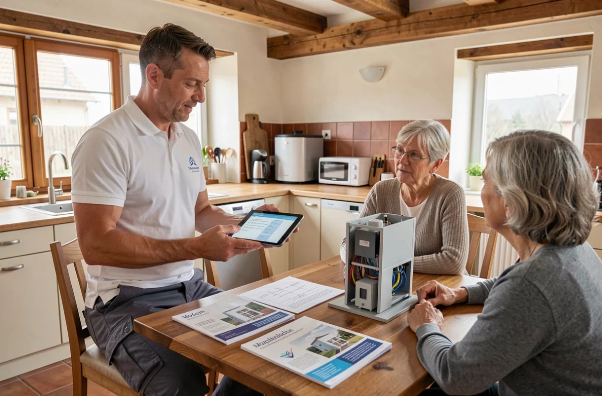 Spécialiste d'Enerlor présentant un projet d'installation de pompe à chaleur sur tablette à un couple de propriétaires mosellans autour d'une table de cuisine