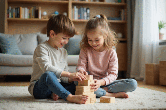 Jeunes enfants construisant une tour en bois dans le salon