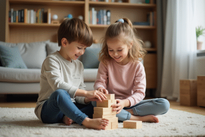 Jeunes enfants construisant une tour en bois dans le salon