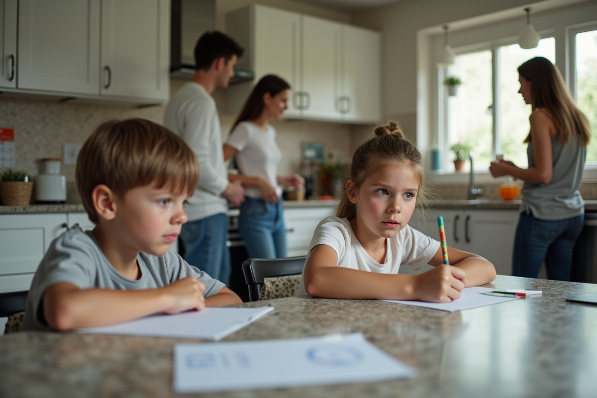 Enfants assis a la table de cuisine en famille