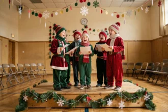 Enfants en costumes festifs chantant sur scène lors d'un spectacle de Noël scolaire avec décorations hivernales