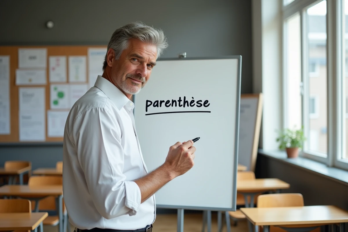 Enseignant écrivant le mot parenthèse au tableau blanc dans une salle de classe pour illustrer son orthographe