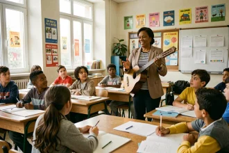 Professeure enseignant la musique traditionnelle bretonne dans une salle de classe multiculturelle au collège