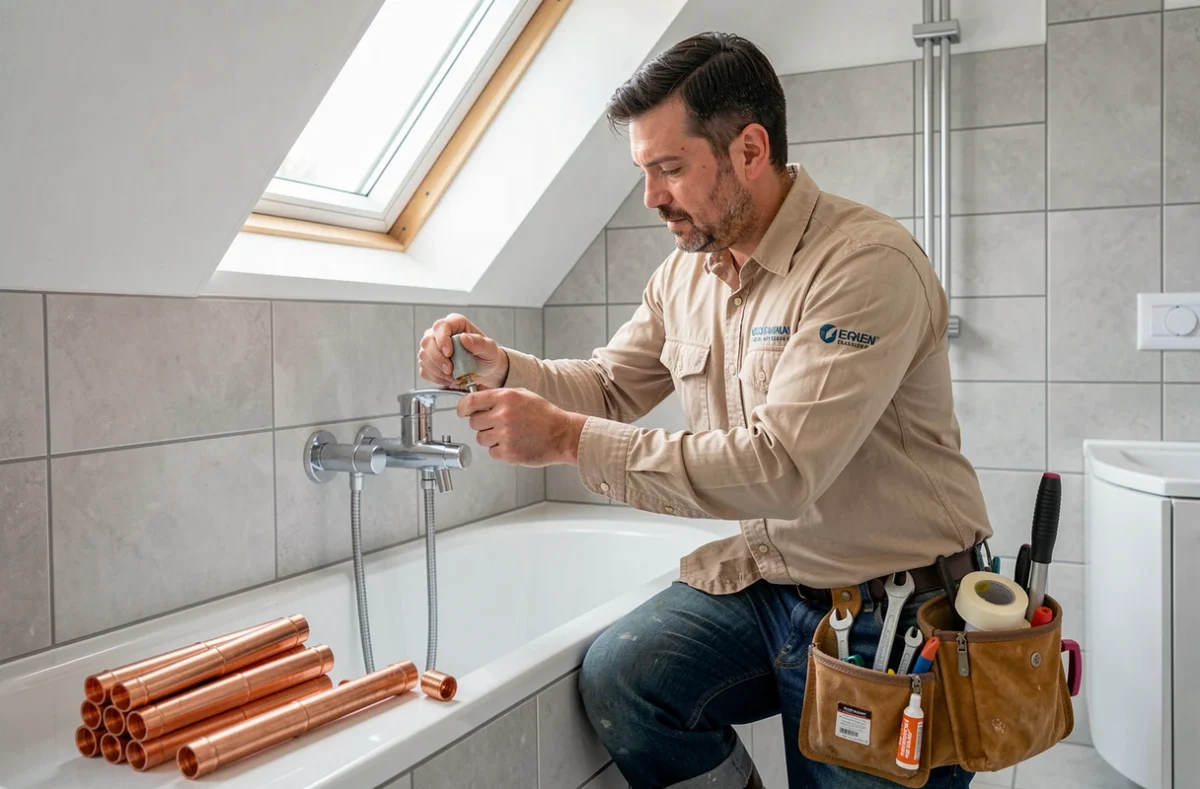 Artisan plombier d'Enzo Santinelli SARL installant un robinet thermostatique de douche dans une salle de bain récemment rénovée en Moselle