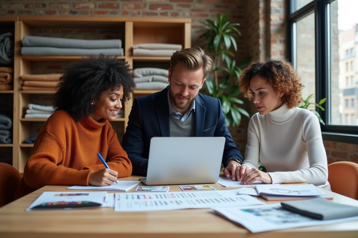 Équipe de professionnels du textile discutant des nouveautés et interruptions de collections autour d'une table de studio de création
