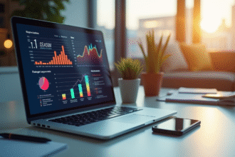 Espace de travail moderne avec ordinateur et graphiques