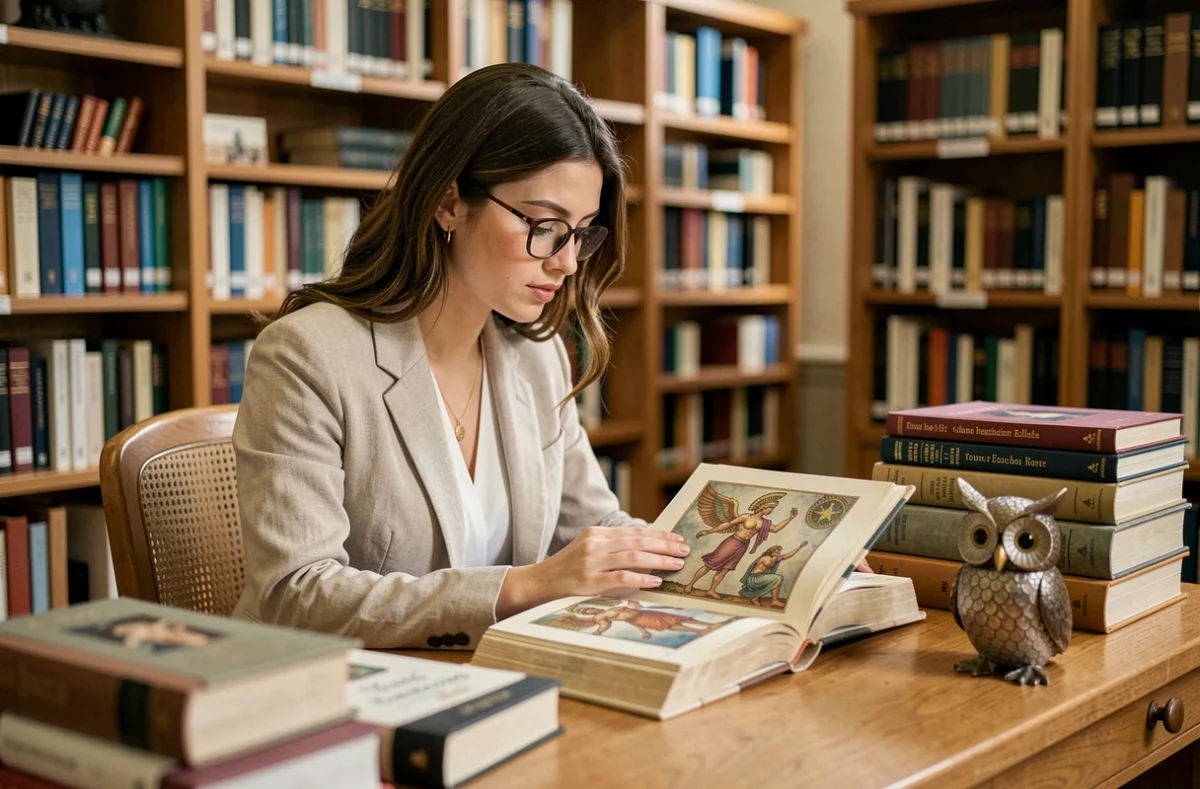 Jeune femme étudiant la mythologie grecque et la sagesse d'Athéna dans une bibliothèque universitaire