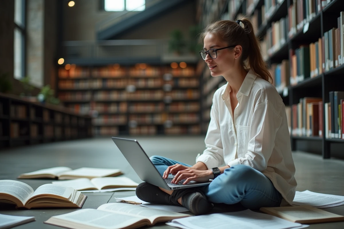 Étudiante consultant des livres de mythologie grecque sur Prométhée dans une bibliothèque universitaire pour rédiger un résumé