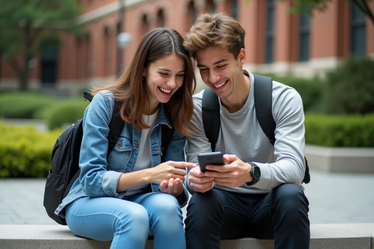 Deux étudiants sur un campus découvrant l'animation Barrel Roll sur Google depuis un smartphone