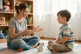 Une femme explique calmement l'origine du jouet Labubu à un enfant curieux assis sur un tapis dans une chambre cosy