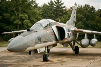 F-4 Phantom II en exposition statique dans un musée de l'aviation, vue en contre-plongée sur les ailes caractéristiques et le fuselage vieilli