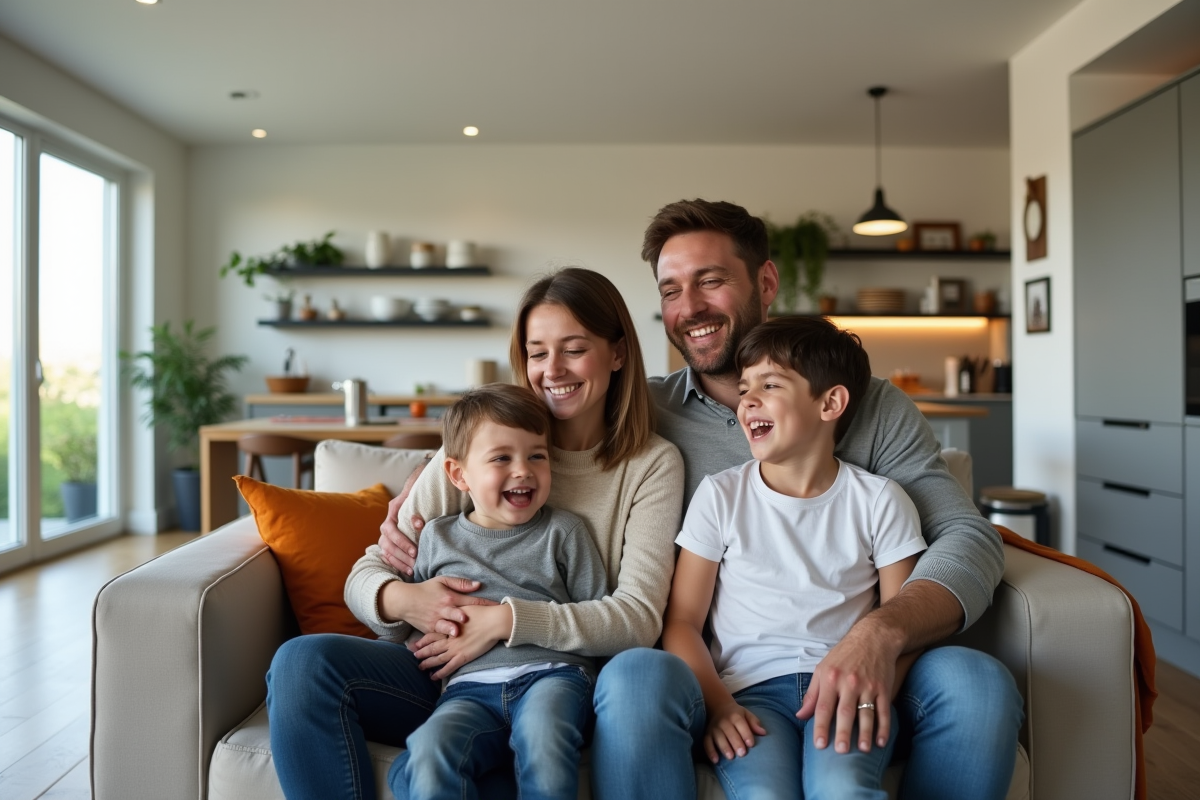 Famille canadienne moderne dans leur salon rénové