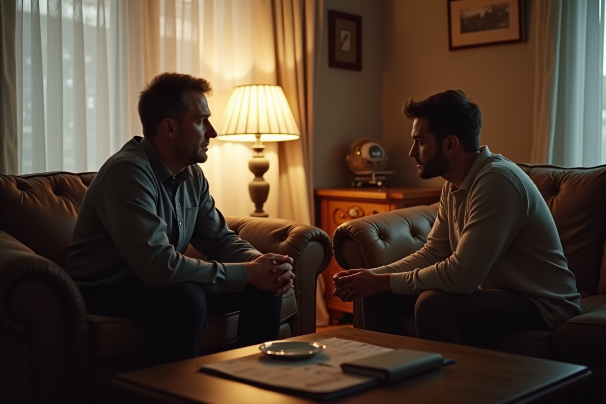 Père et fils sérieux dans un salon lumineux