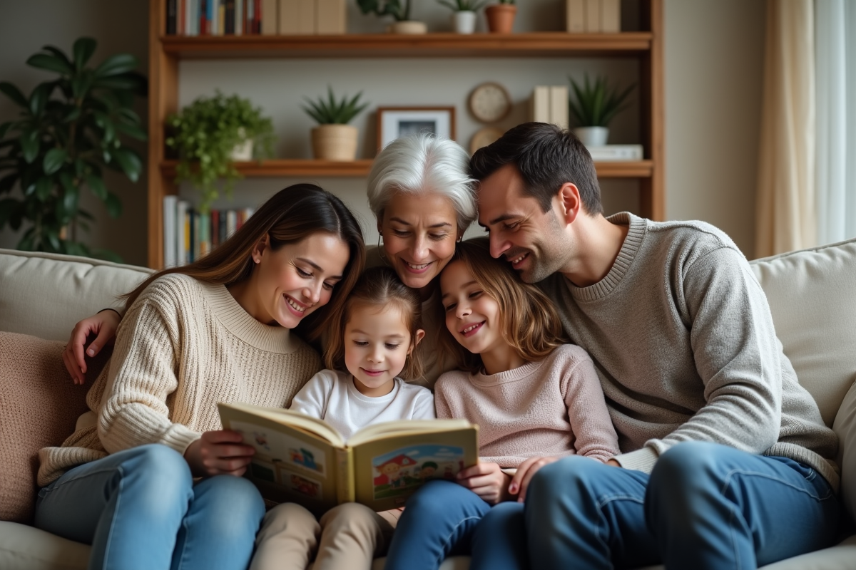 Famille multigeneration dans un salon chaleureux