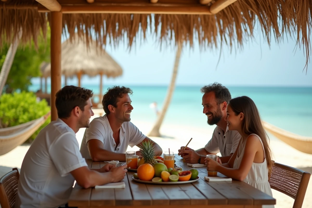 Famille française réunie autour d'une table de plage sous un toit de chaume dans un resort de l'océan Indien, partageant un repas tropical dans un décor de sable blanc et de mer turquoise