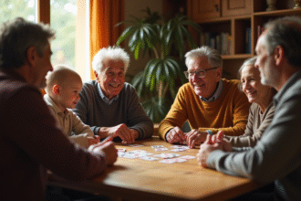 Famille multigenerations jouant à la crapette dans un salon chaleureux