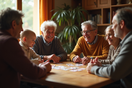 Famille multigenerations jouant à la crapette dans un salon chaleureux