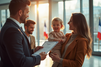 Famille heureuse recevant un certificat en mairie moderne