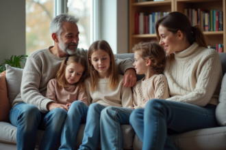 Famille melangee assise sur un canapé moderne en salon