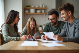 Famille multigenerations autour d'une table de cuisine moderne