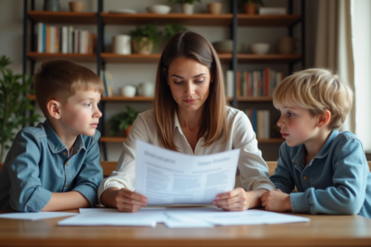 Famille de trois personnes discutant de papiers de pension à la maison