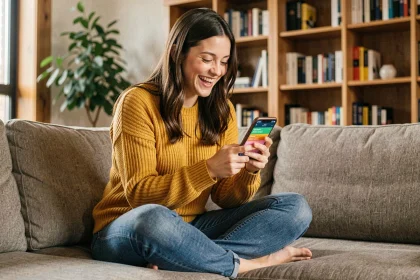 Jeune femme souriante consultant un site d'actualités fun sur son smartphone dans un salon moderne et cosy