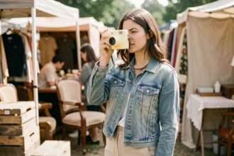 Jeune femme tenant un appareil photo jetable réutilisable dans un marché aux puces vintage, style rétro années 90