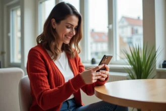 Femme en cardigan rouge passant un appel international