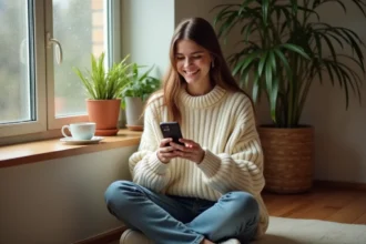 Jeune femme souriante en pull crème tenant son téléphone lors d'un appel vidéo avec son partenaire à distance