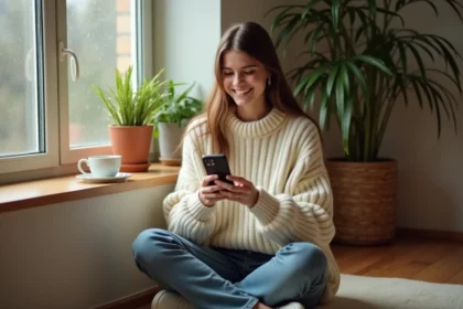 Jeune femme souriante en pull crème tenant son téléphone lors d'un appel vidéo avec son partenaire à distance