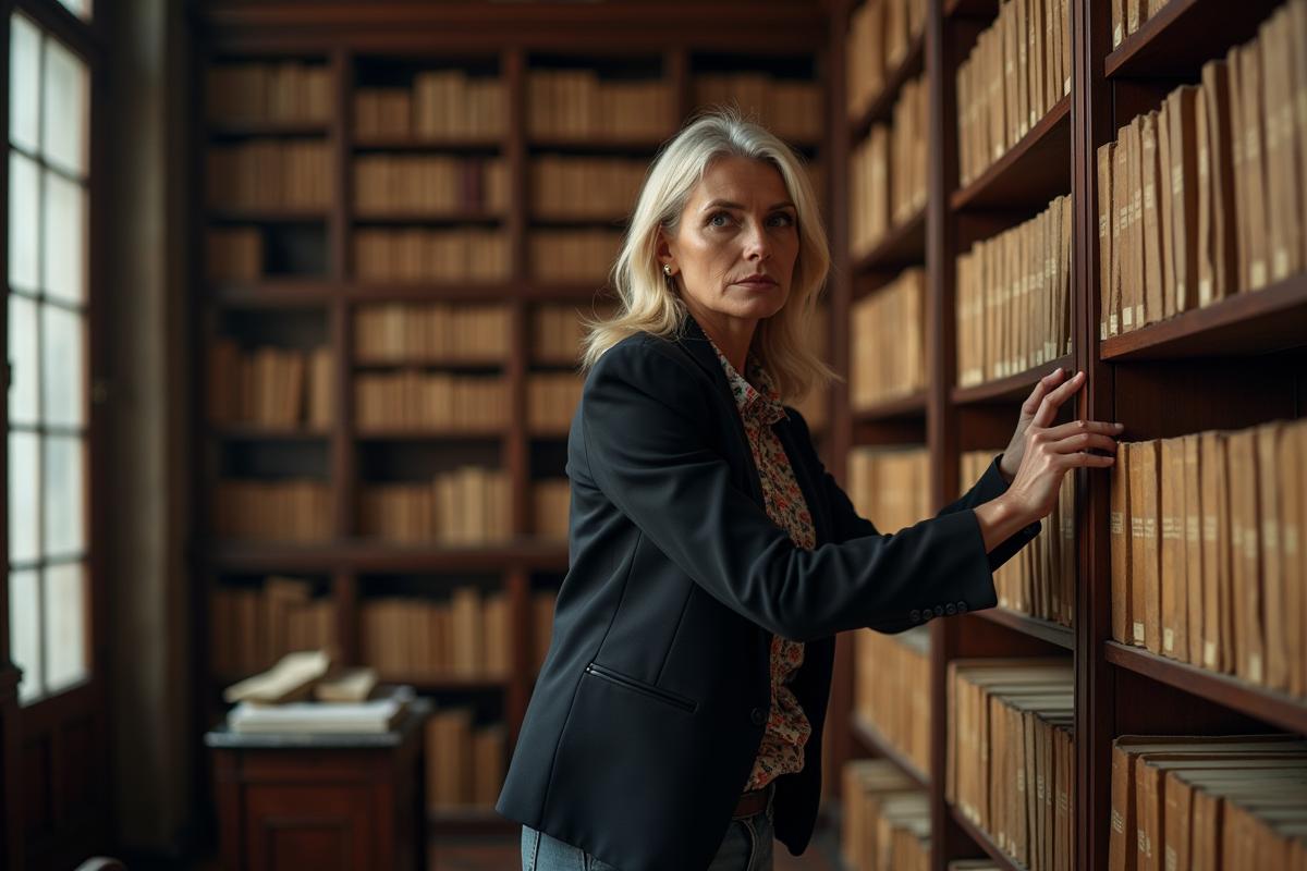 Femme française en intérieur avec livres et registres anciens